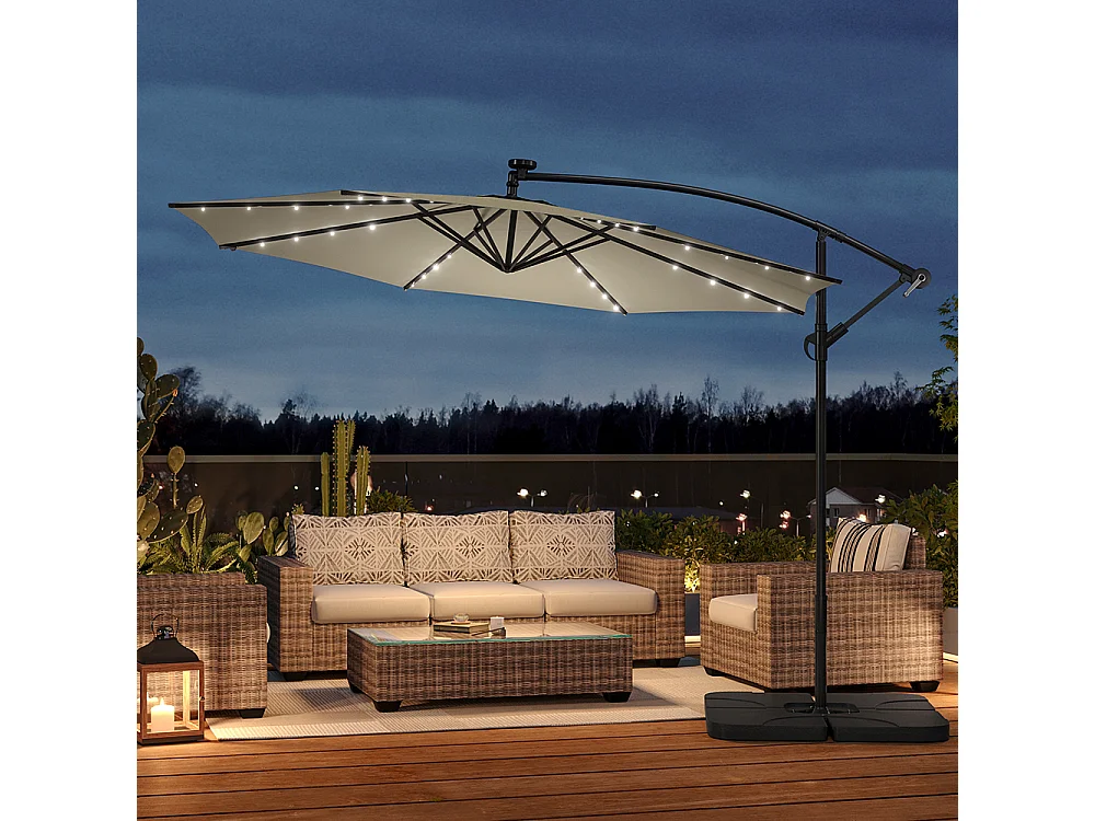 3m Solar 32 LED Lights Parasol with Crank, Cross & Square Base - Beige