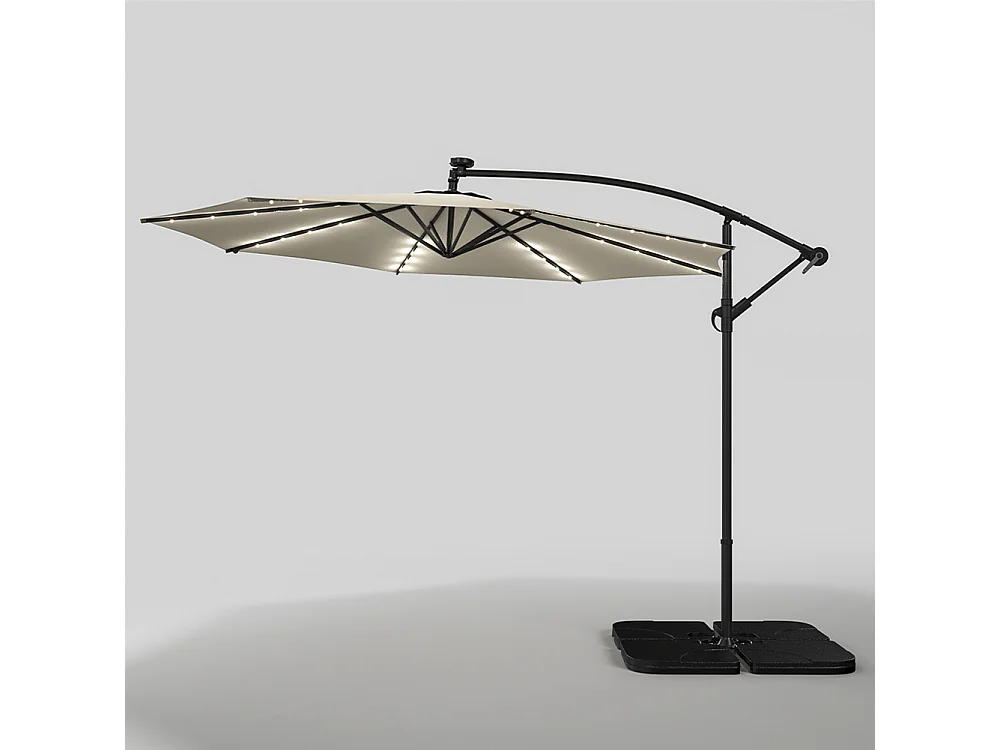 3m Solar 32 LED Lights Parasol with Crank, Cross & Square Base - Beige