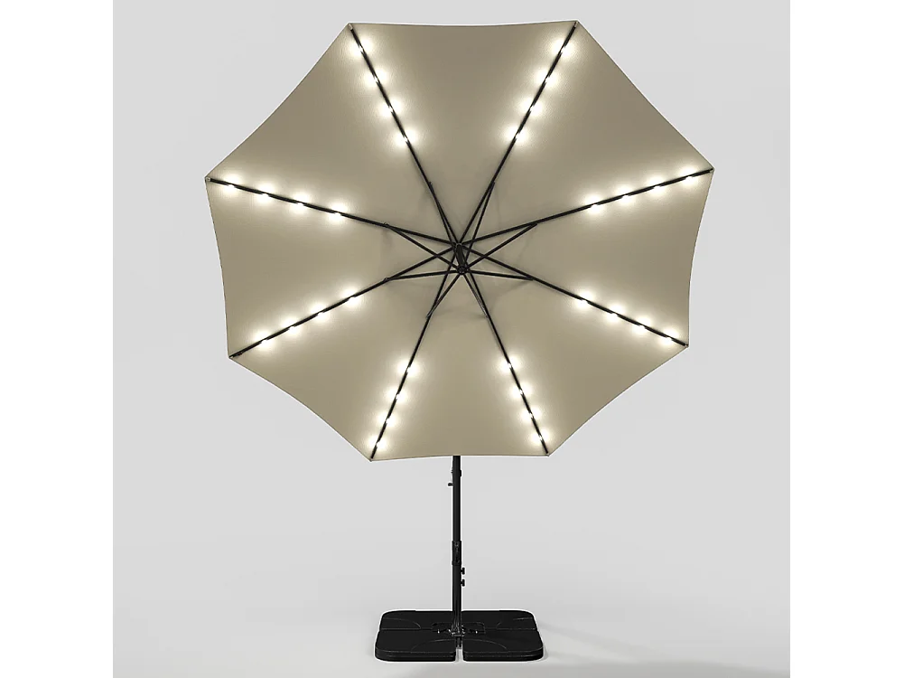 3m Solar 32 LED Lights Parasol with Crank, Cross & Square Base - Beige