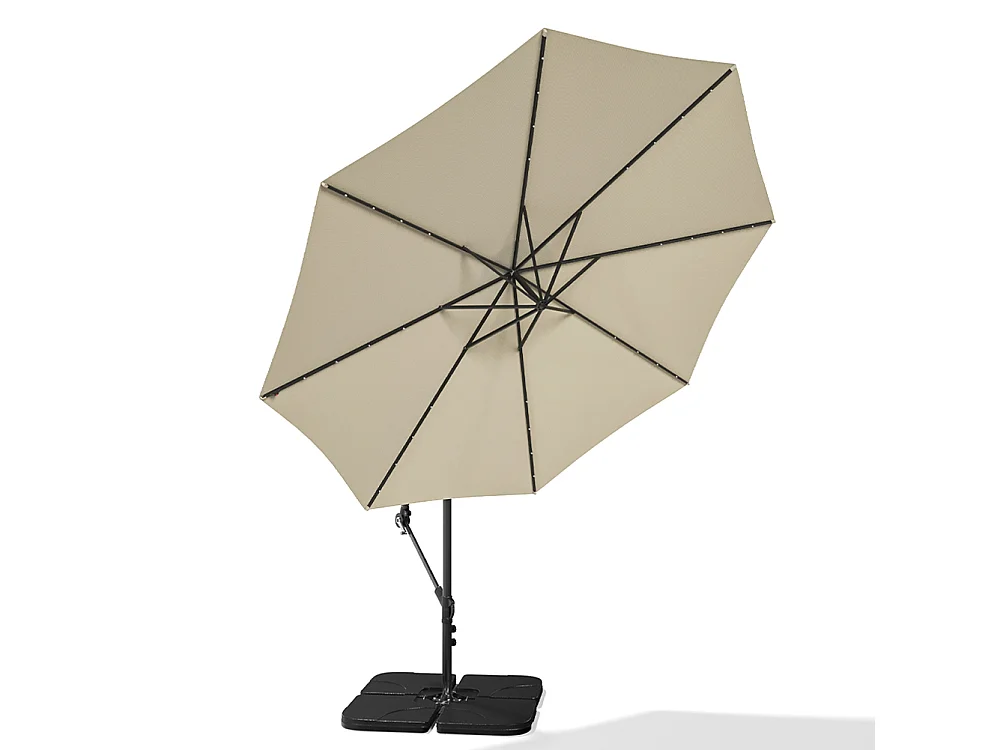 3m Solar 32 LED Lights Parasol with Crank, Cross & Square Base - Beige