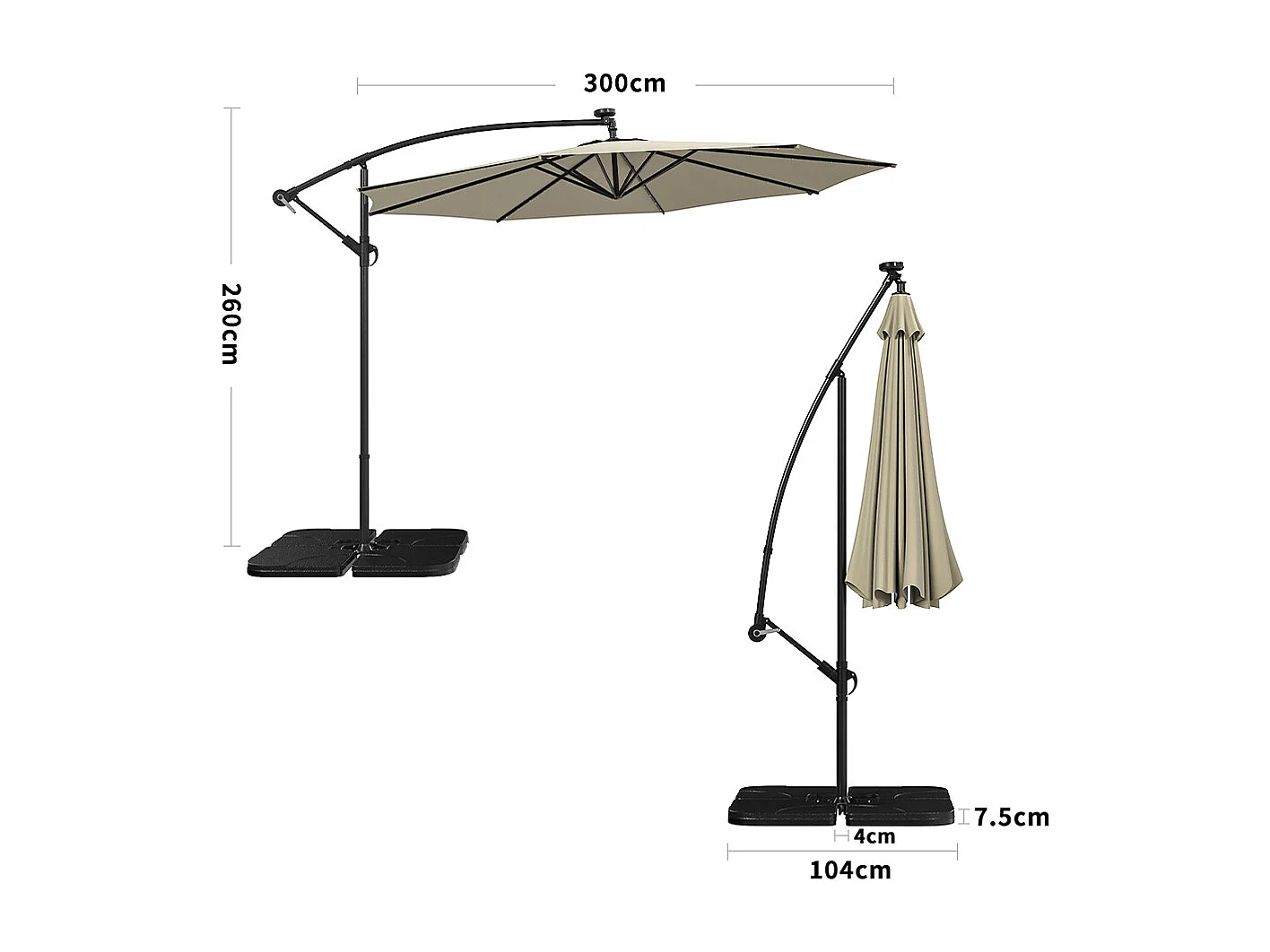 3m Solar 32 LED Lights Parasol with Crank, Cross & Square Base - Beige