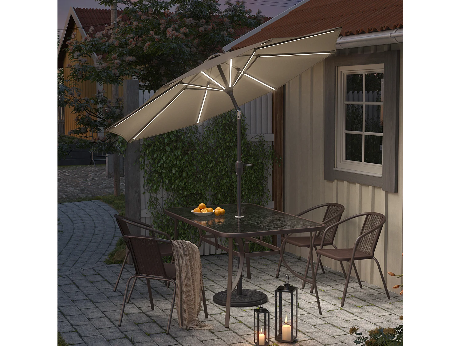 Large 3m Solar LED Parasol with Cement Base - Beige