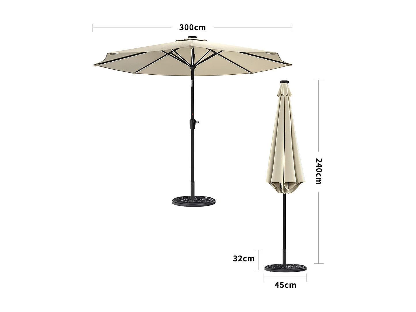 Large 3m Solar LED Parasol with Cement Base - Beige