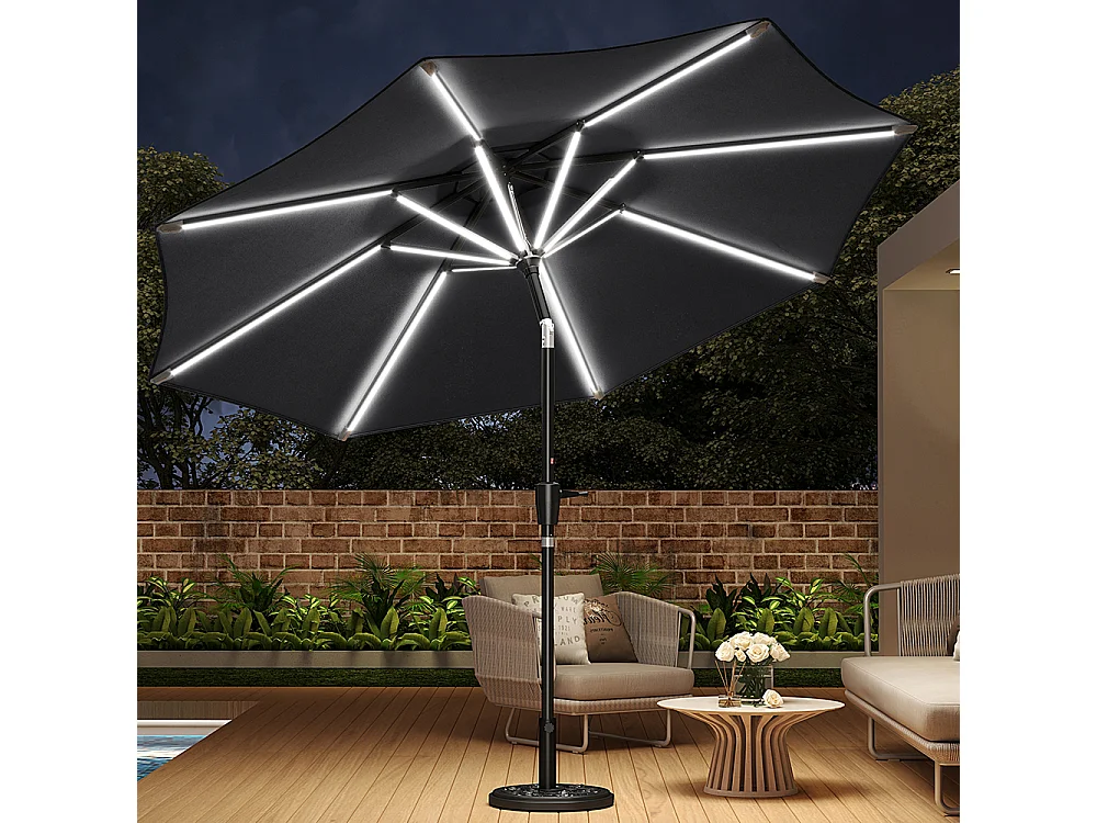 Large 3m Solar LED Parasol with Cement Base - Dark Grey