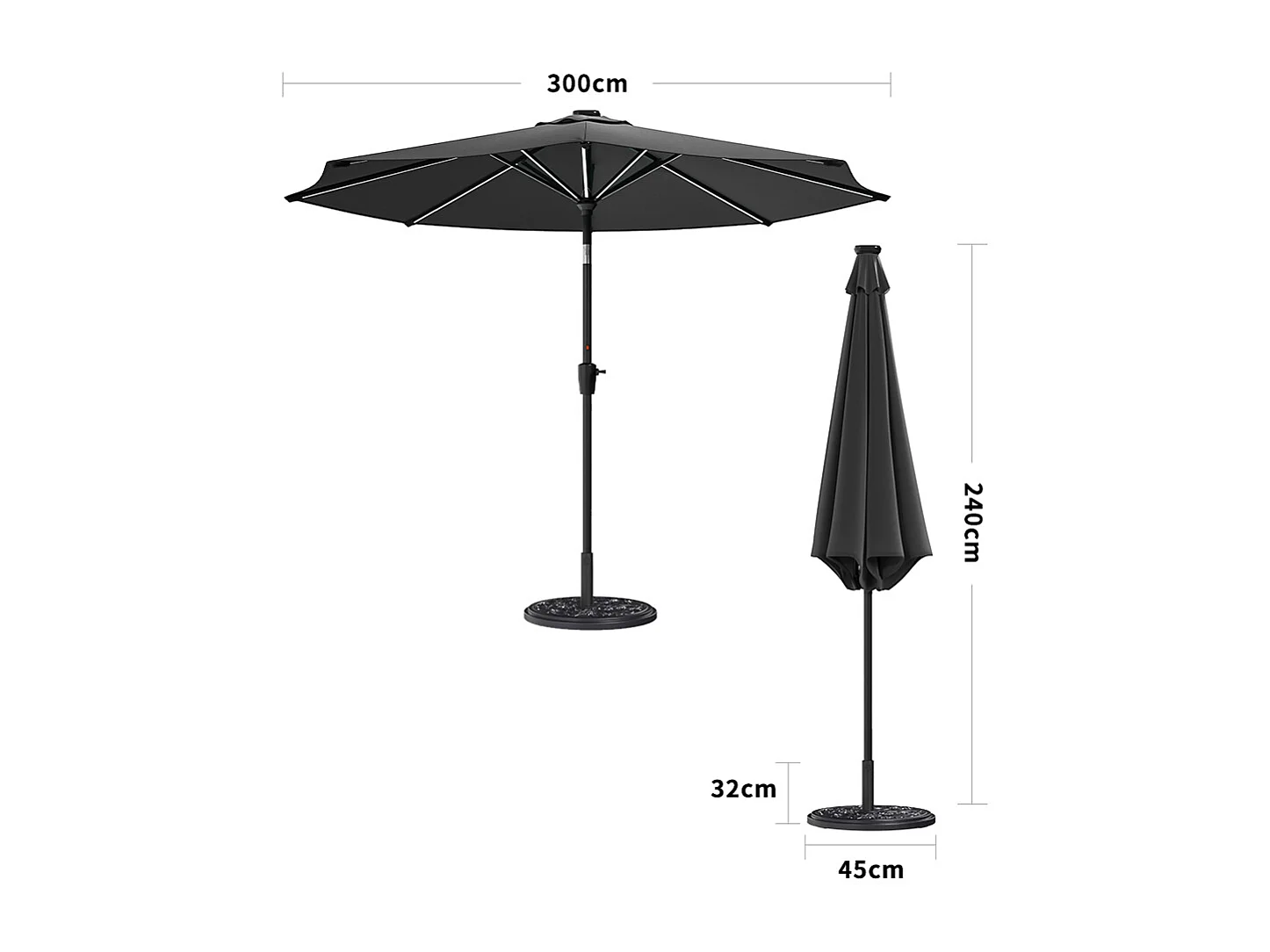 Large 3m Solar LED Parasol with Cement Base - Dark Grey