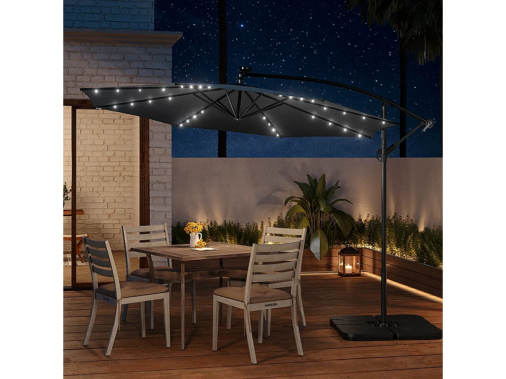 3m Solar 32 LED Lights Parasol with Crank, Cross & Square Base - Dark Grey