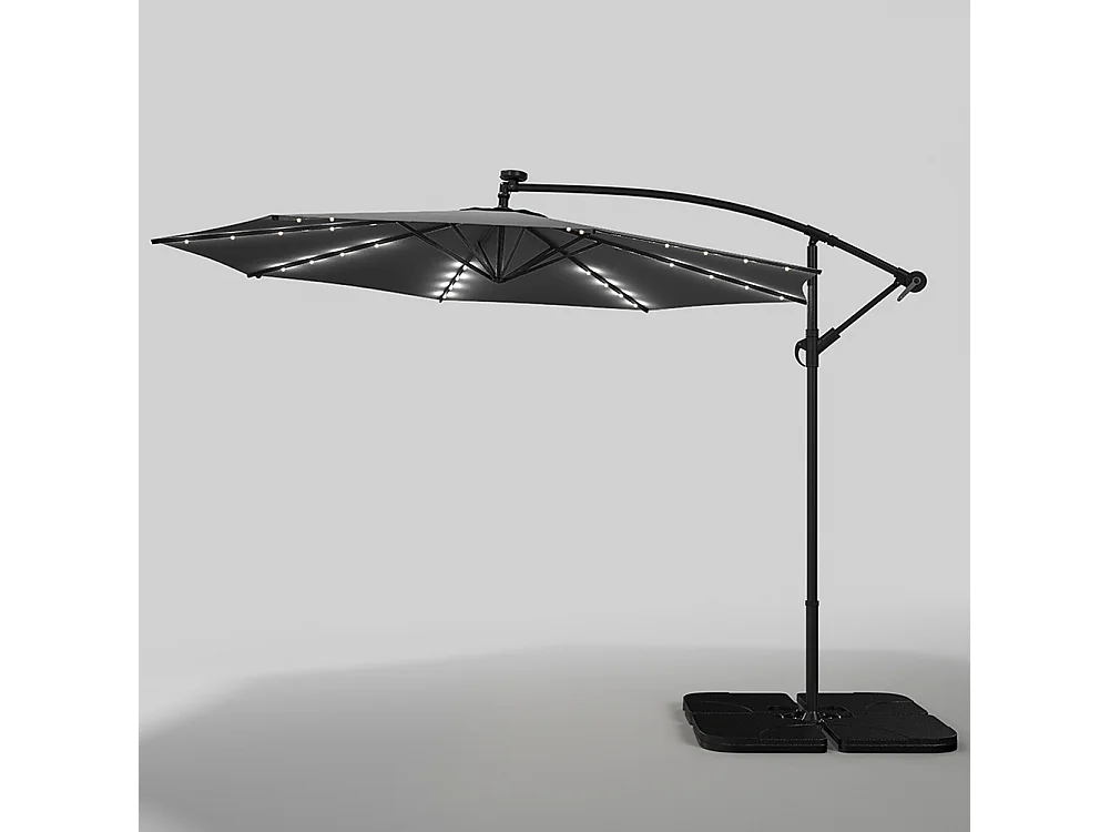 3m Solar 32 LED Lights Parasol with Crank, Cross & Square Base - Dark Grey