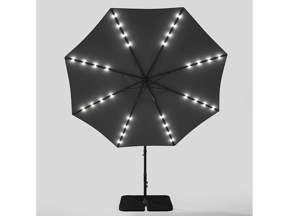 3m Solar 32 LED Lights Parasol with Crank, Cross & Square Base - Dark Grey