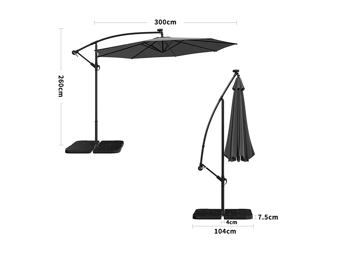 3m Solar 32 LED Lights Parasol with Crank, Cross & Square Base - Dark Grey