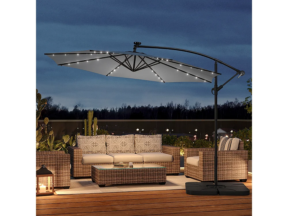 3m Solar 32 LED Lights Parasol with Crank, Cross & Square Base - Light Grey