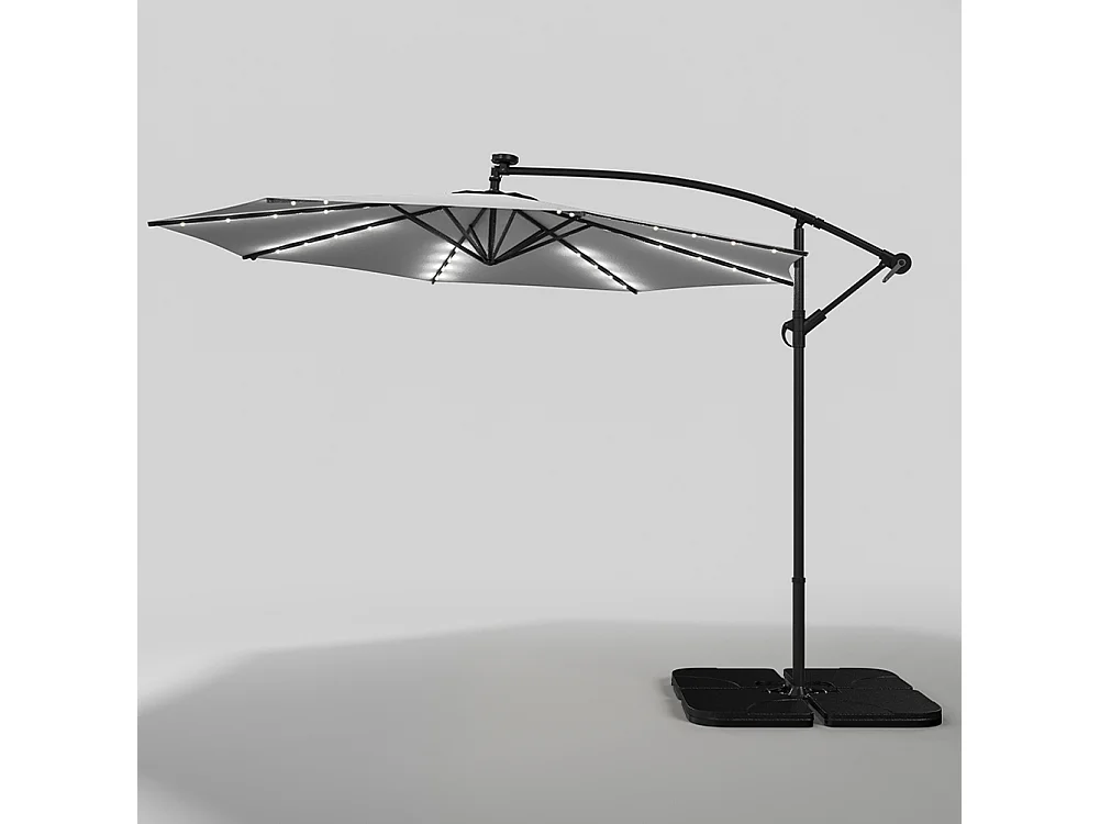 3m Solar 32 LED Lights Parasol with Crank, Cross & Square Base - Light Grey