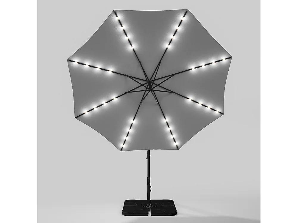 3m Solar 32 LED Lights Parasol with Crank, Cross & Square Base - Light Grey