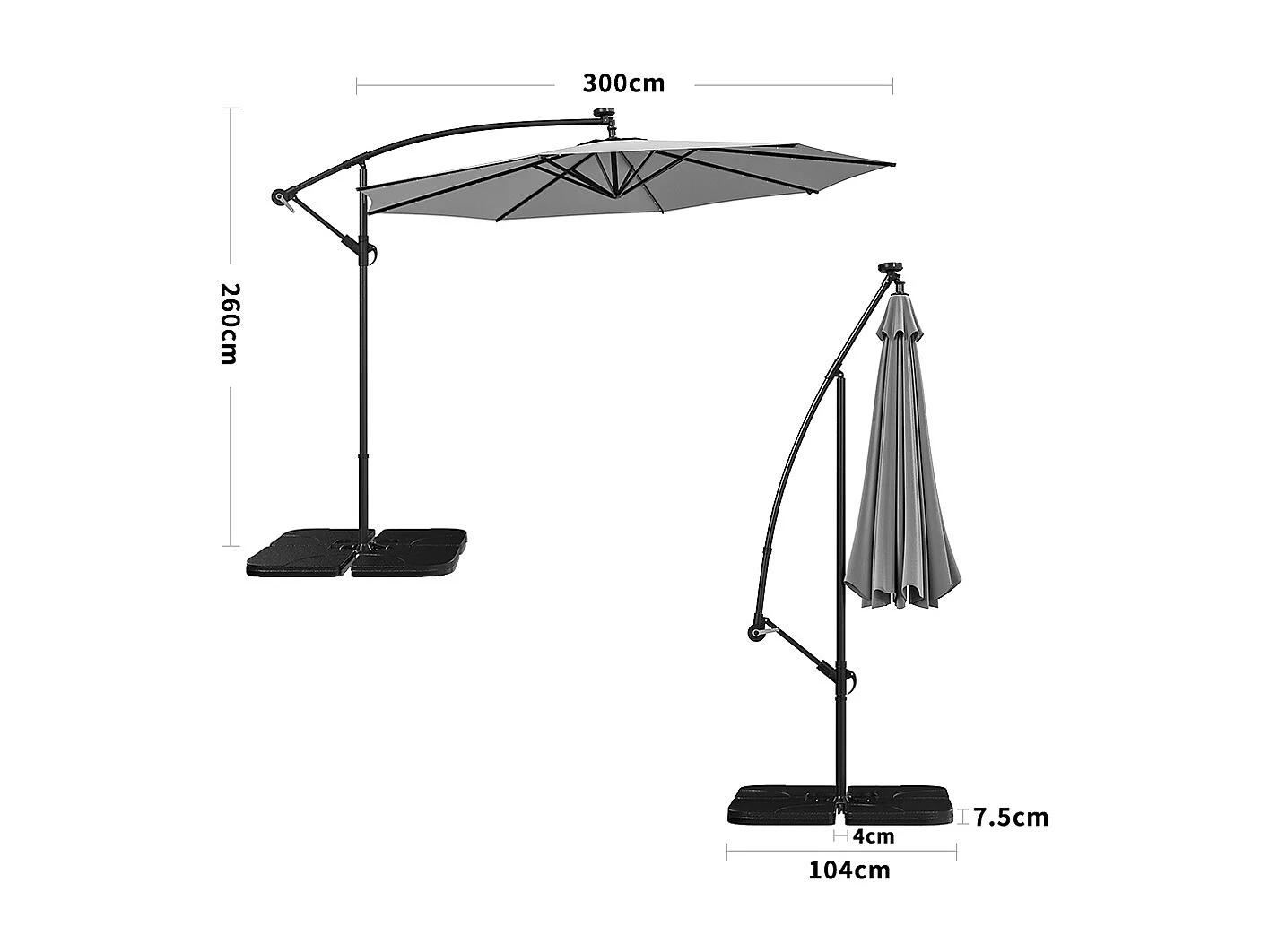 3m Solar 32 LED Lights Parasol with Crank, Cross & Square Base - Light Grey