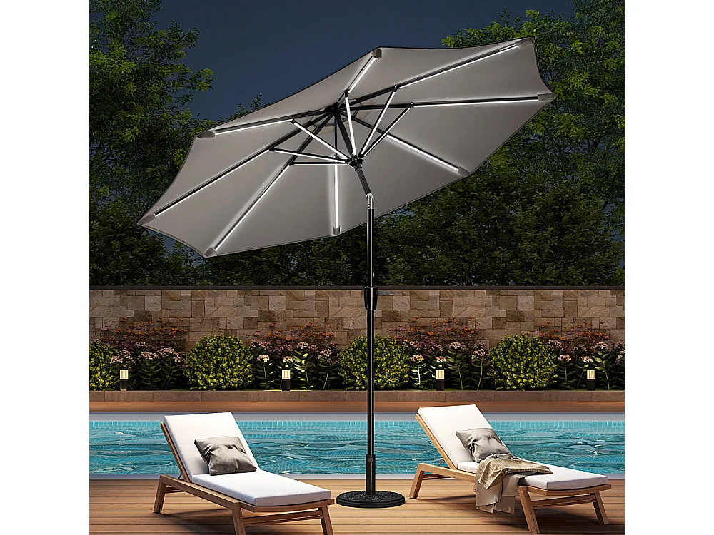 Large 3m Solar LED Parasol with Cement Base - Light Grey