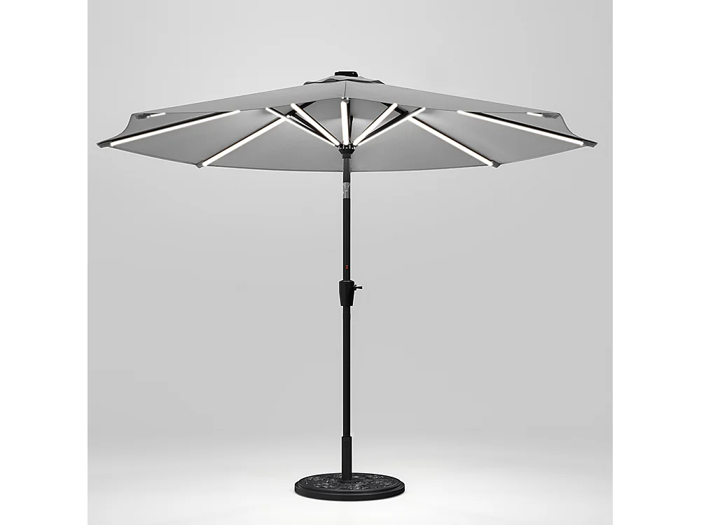 Large 3m Solar LED Parasol with Cement Base - Light Grey
