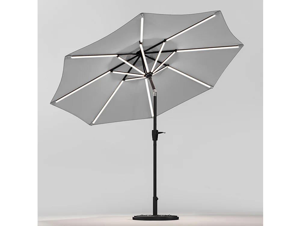 Large 3m Solar LED Parasol with Cement Base - Light Grey