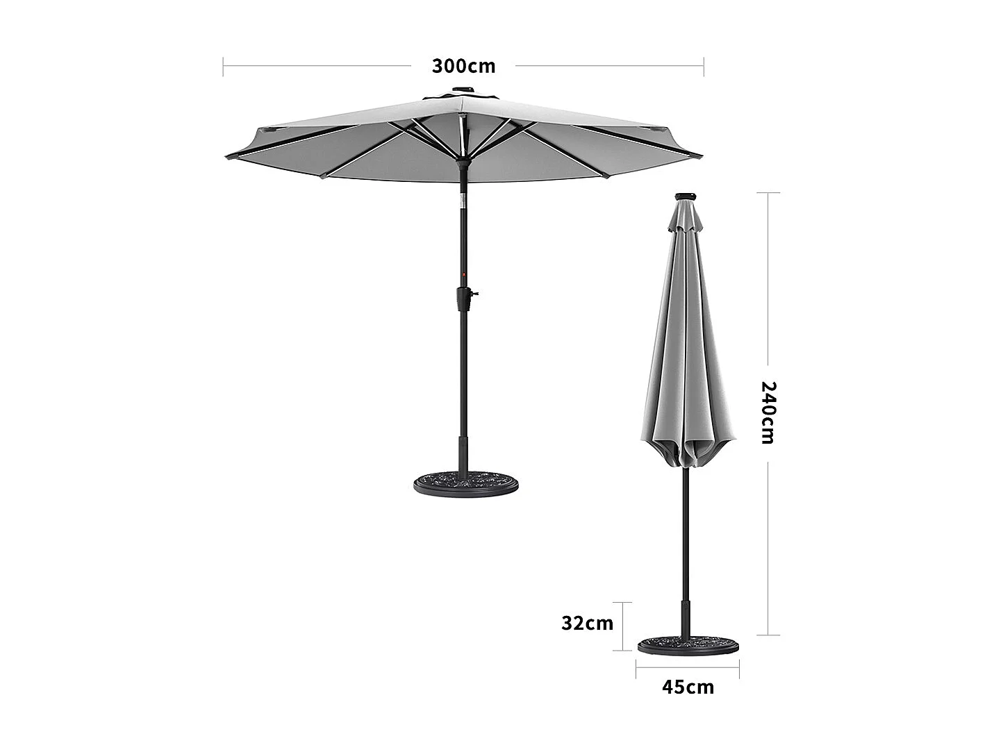 Large 3m Solar LED Parasol with Cement Base - Light Grey