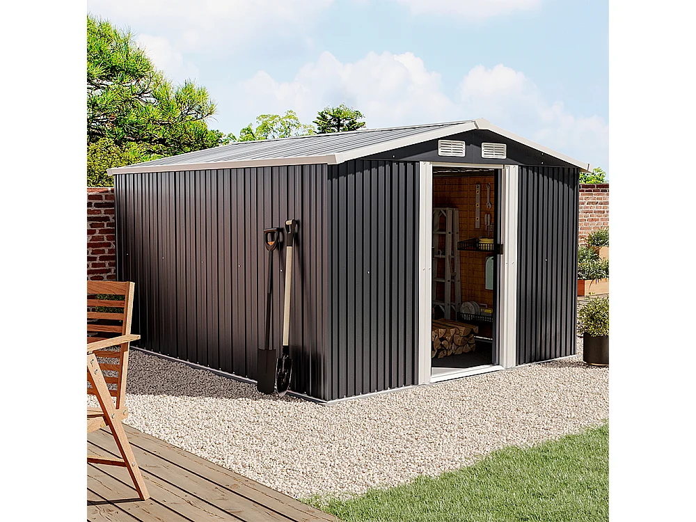 10 x 8 ft Large Metal Garden Storage Shed with Apex Roof - Anthracite