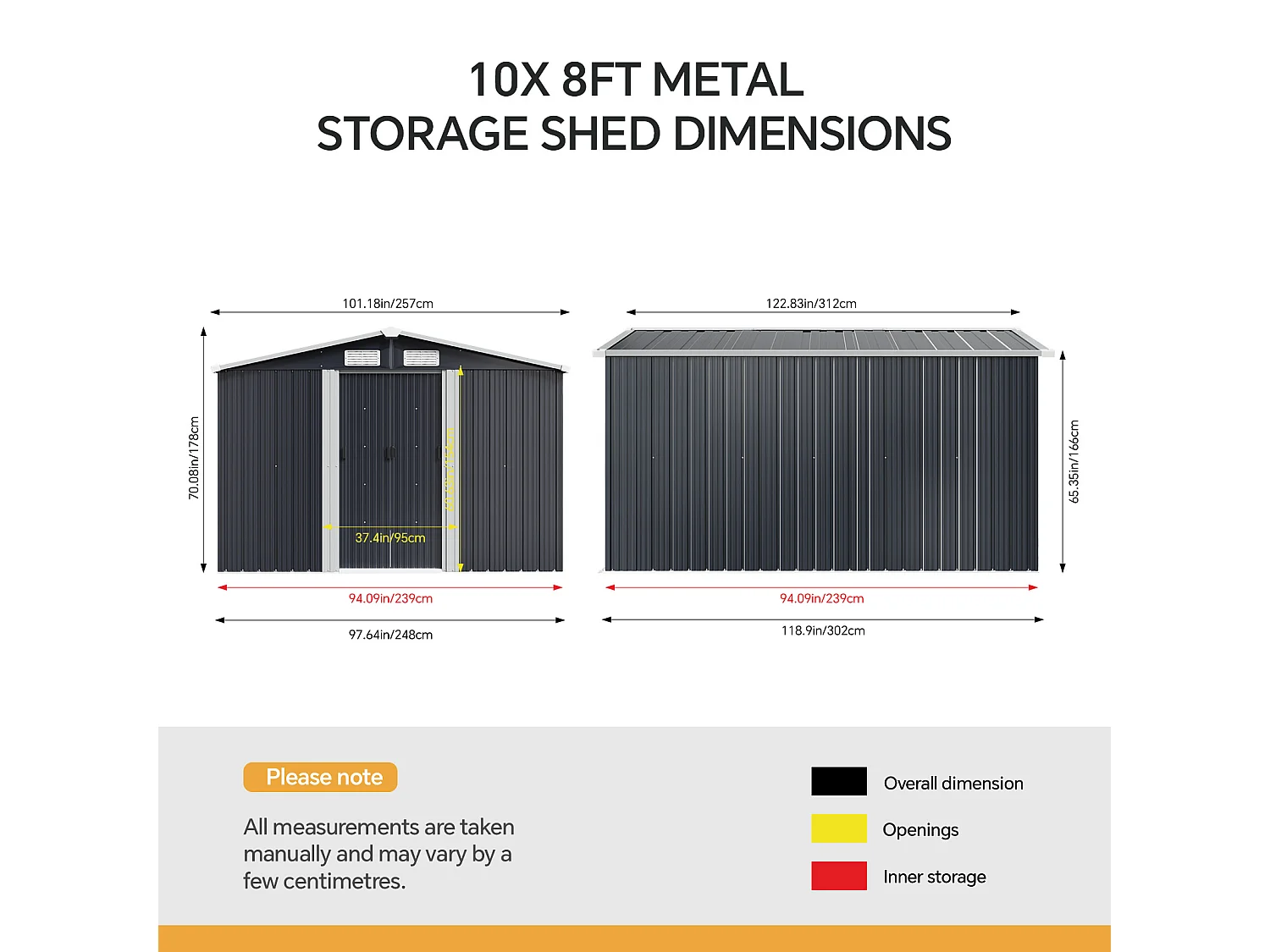 10 x 8 ft Large Metal Garden Storage Shed with Apex Roof - Anthracite
