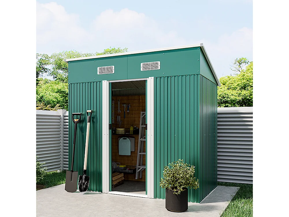 4 x 6 ft Pent Roof Metal Garden Storage Shed - Dark Green