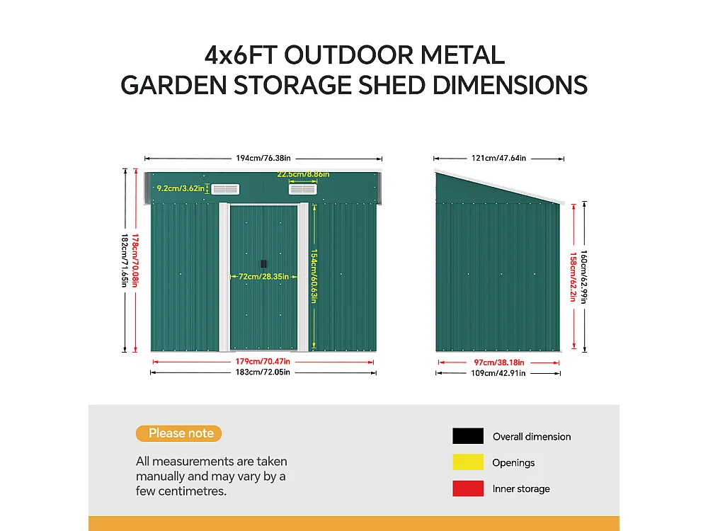 4 x 6 ft Pent Roof Metal Garden Storage Shed - Dark Green