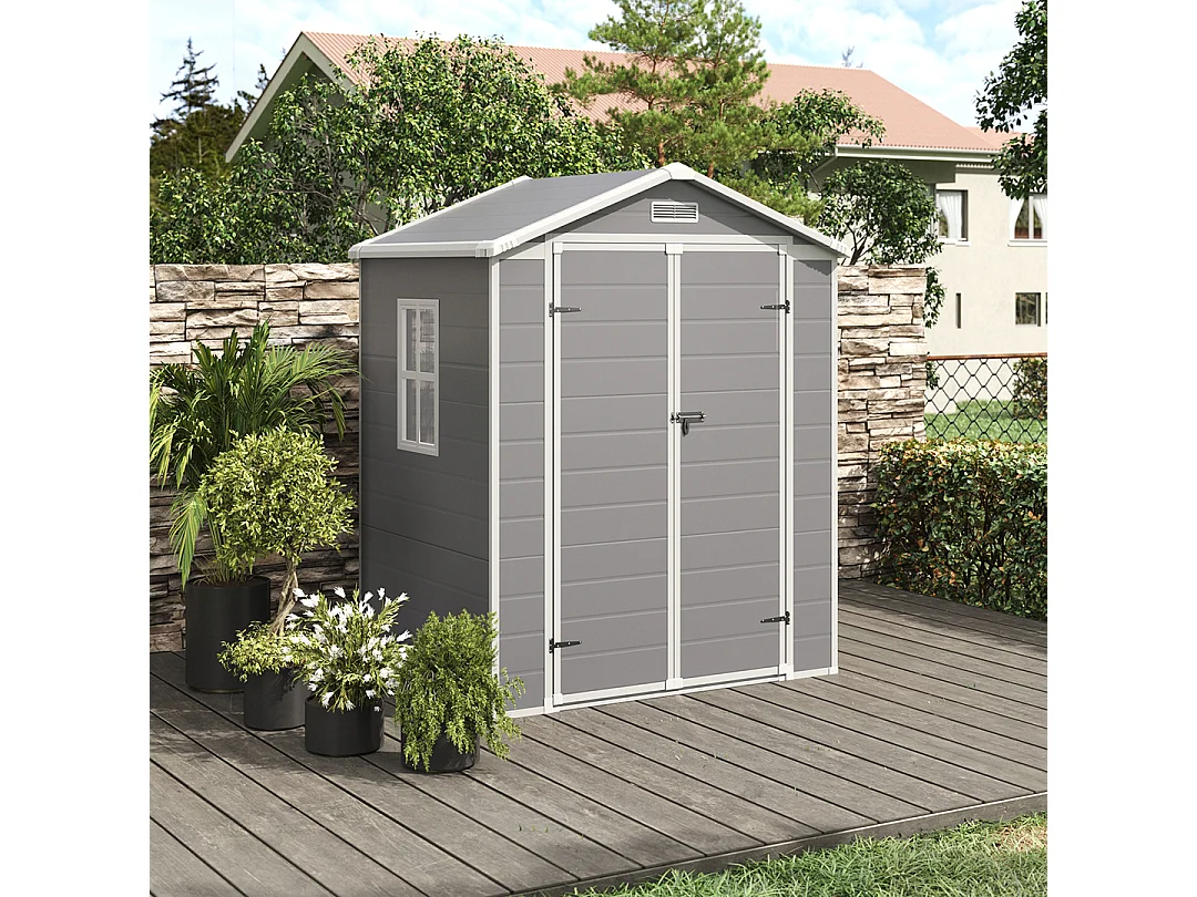 6 x 4.4 ft Apex Roof Plastic Garden Shed with Window & Floor - Grey