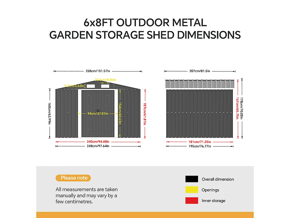 6 x 8 ft Large Metal Garden Storage Shed with Apex Roof