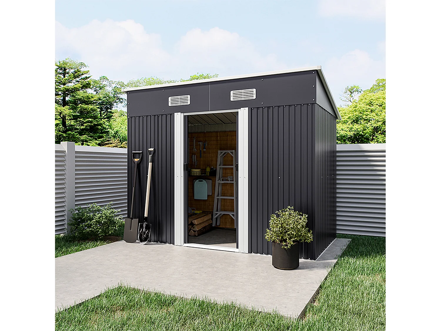 4 x 8 ft Pent Roof Metal Garden Storage Shed - Charcoal Black