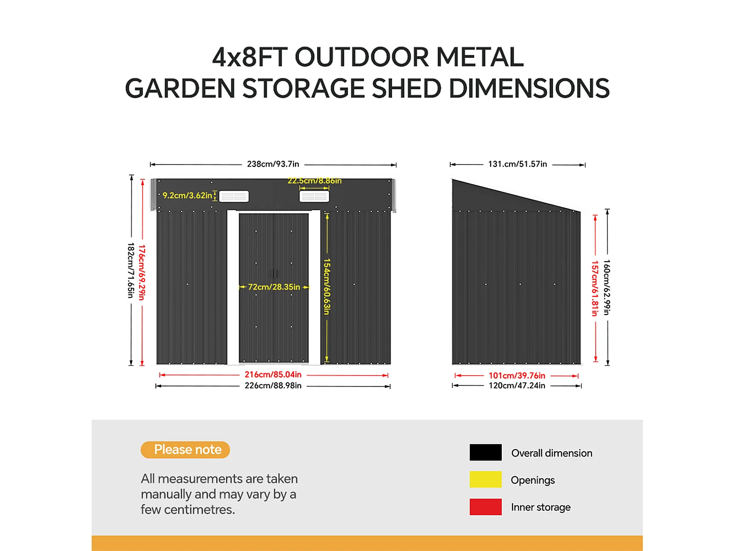 4 x 8 ft Pent Roof Metal Garden Storage Shed - Charcoal Black