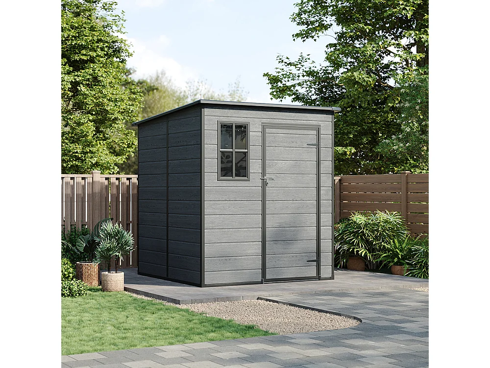 6 x 6 ft Pent Roof Woodgrain Garden Storage Shed with Window & Floor