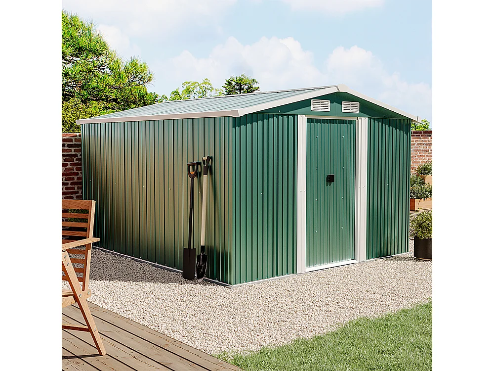 10 x 8 ft Large Metal Garden Storage Shed with Apex Roof - Green