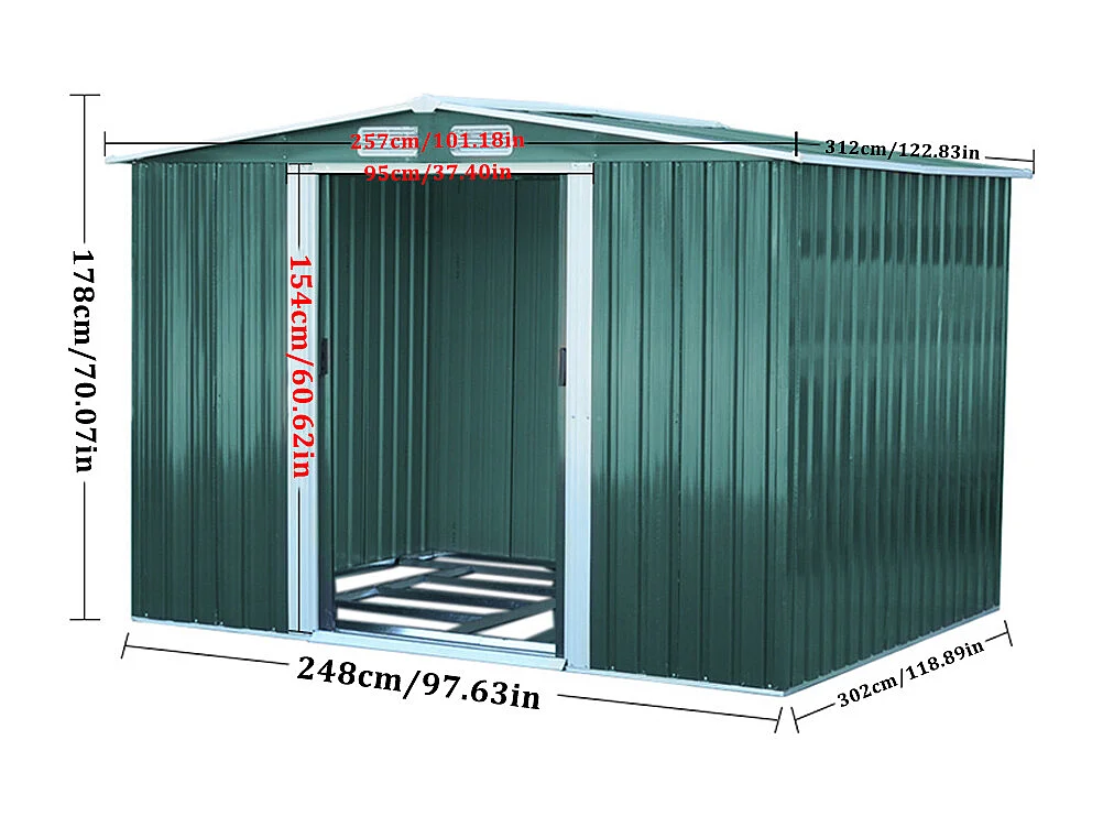 10 x 8 ft Large Metal Garden Storage Shed with Apex Roof - Green