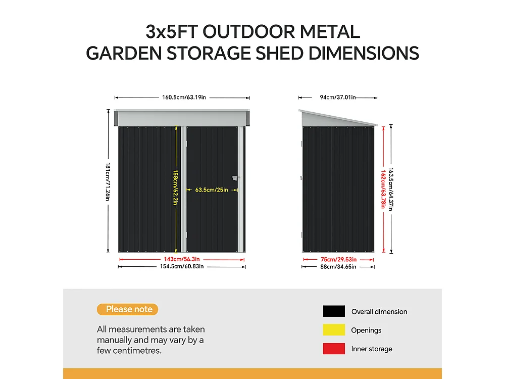 3 x 5 ft Charcoal Black Pent Roof Garden Shed with Lockable Door & Shelves