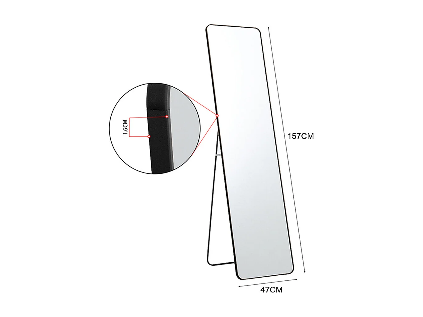 Full Length Metal Floor Mirror with Rounded Corners - 47 x 157cm