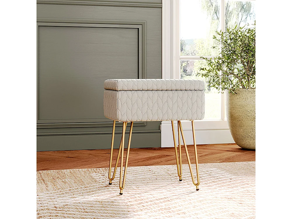 Beige Upholstered Storage Vanity Stool with Metal Legs