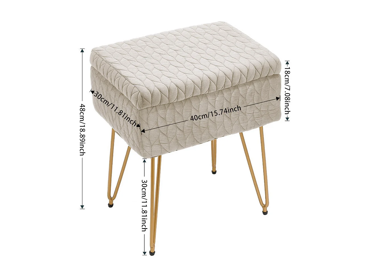 Beige Upholstered Storage Vanity Stool with Metal Legs