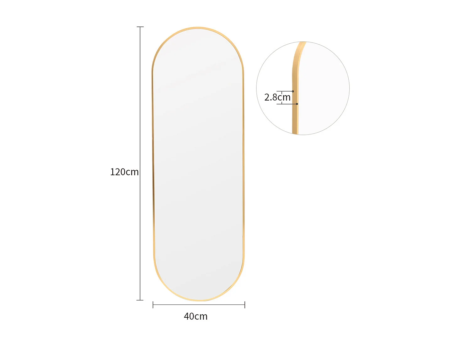 Modern Oval Metal Full Length Wall Mirror - 40 x 120cm - Gold