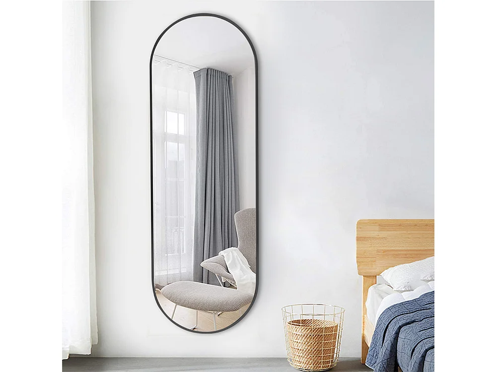 Modern Oval Metal Full Length Wall Mirror - 50 x 160cm - Black