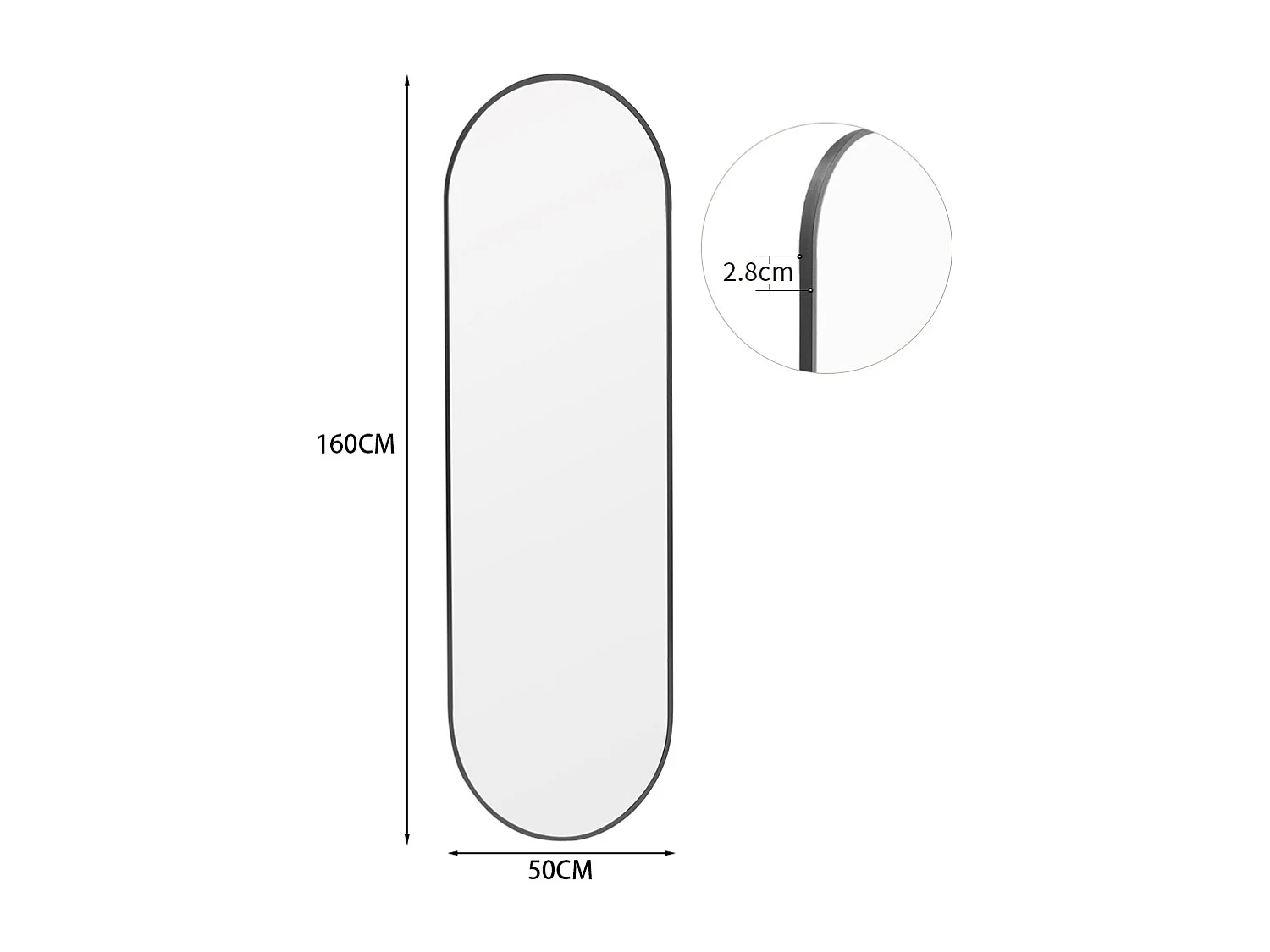 Modern Oval Metal Full Length Wall Mirror - 50 x 160cm - Black