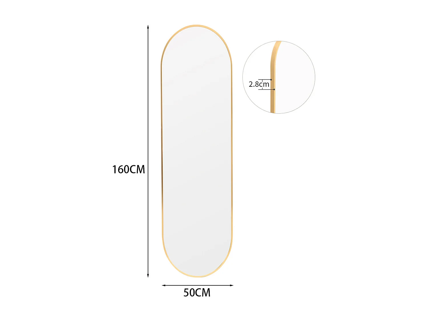 Modern Oval Metal Full Length Wall Mirror - 50 x 160cm - Gold
