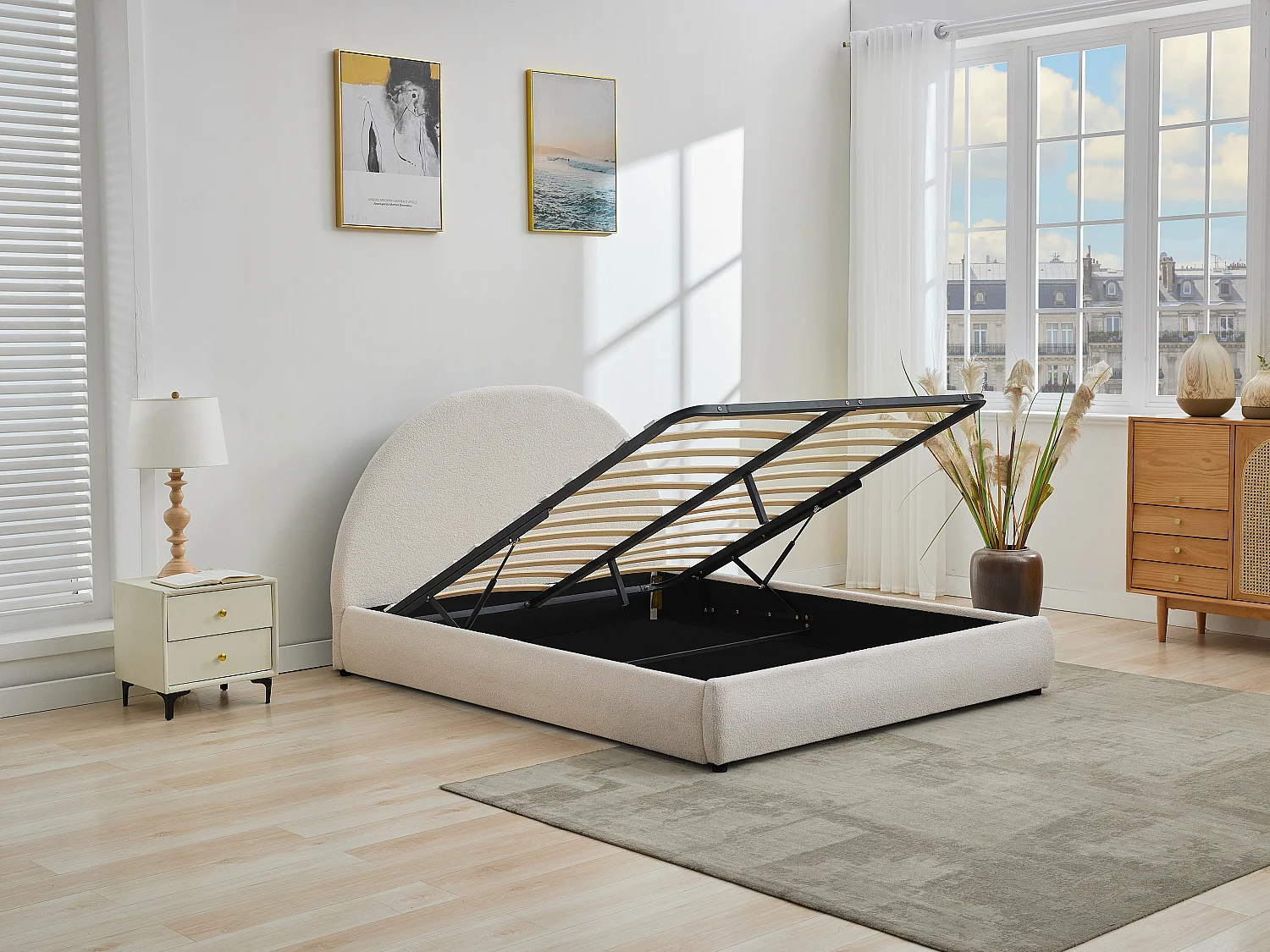 Lit coffre 140 x 200 cm - Tissu bouclette - Crème + Matelas - LIRIMO