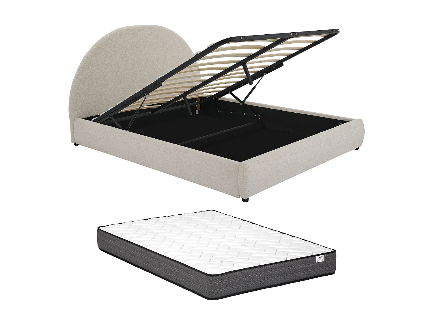 Lit coffre 140 x 200 cm - Tissu bouclette - Crème + Matelas - LIRIMO