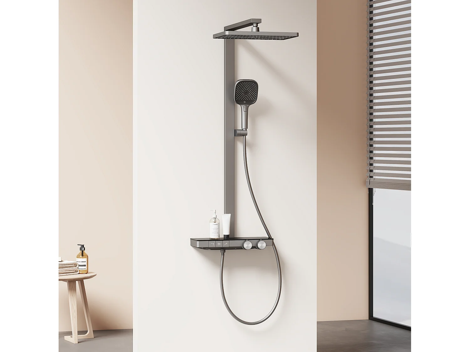 EMKE Thermostat Duschsystem mit Sedal-Kartusche & Glasablage Regendusche 36x24cm Handbrause 4-Strahl Anthrazit