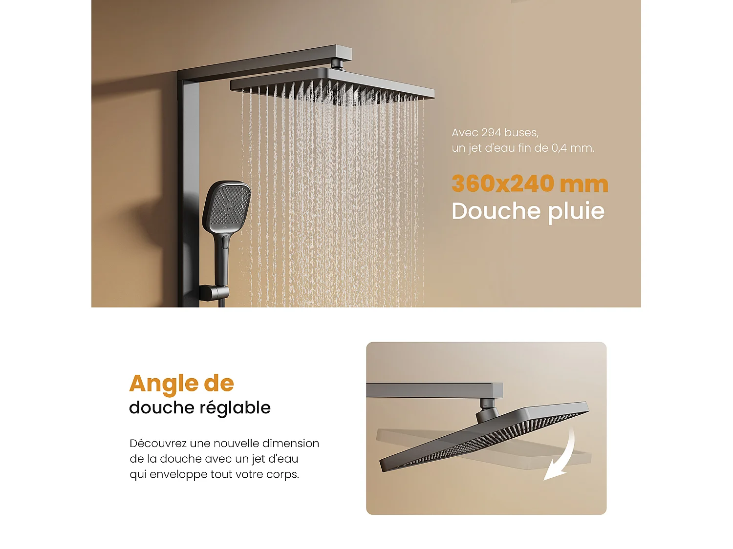 EMKE Thermostat Duschsystem mit Sedal-Kartusche & Glasablage Regendusche 36x24cm Handbrause 4-Strahl Anthrazit