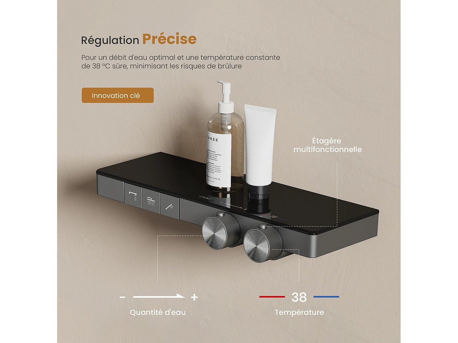 EMKE Thermostat Duschsystem mit Sedal-Kartusche & Glasablage Regendusche 36x24cm Handbrause 4-Strahl Anthrazit