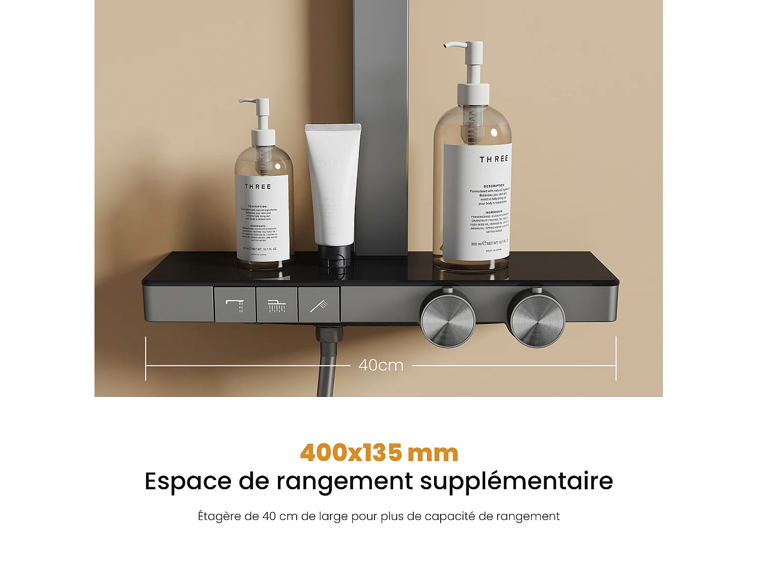 EMKE Thermostat Duschsystem mit Sedal-Kartusche & Glasablage Regendusche 36x24cm Handbrause 4-Strahl Anthrazit