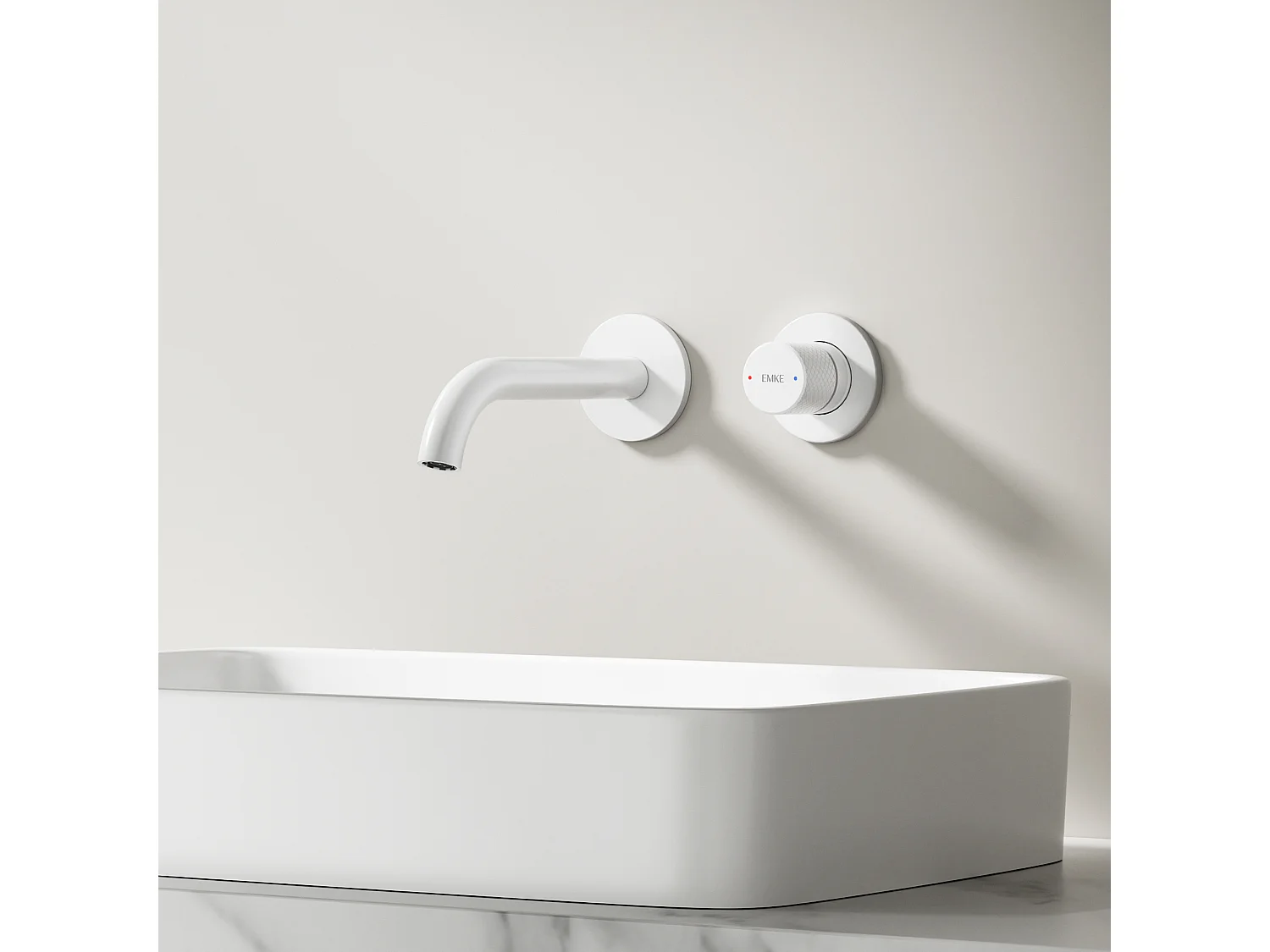 EMKE Mitigeur de lavabo mural encastrable bi-trou blanc mat laiton cartouche céramique L.18 cm