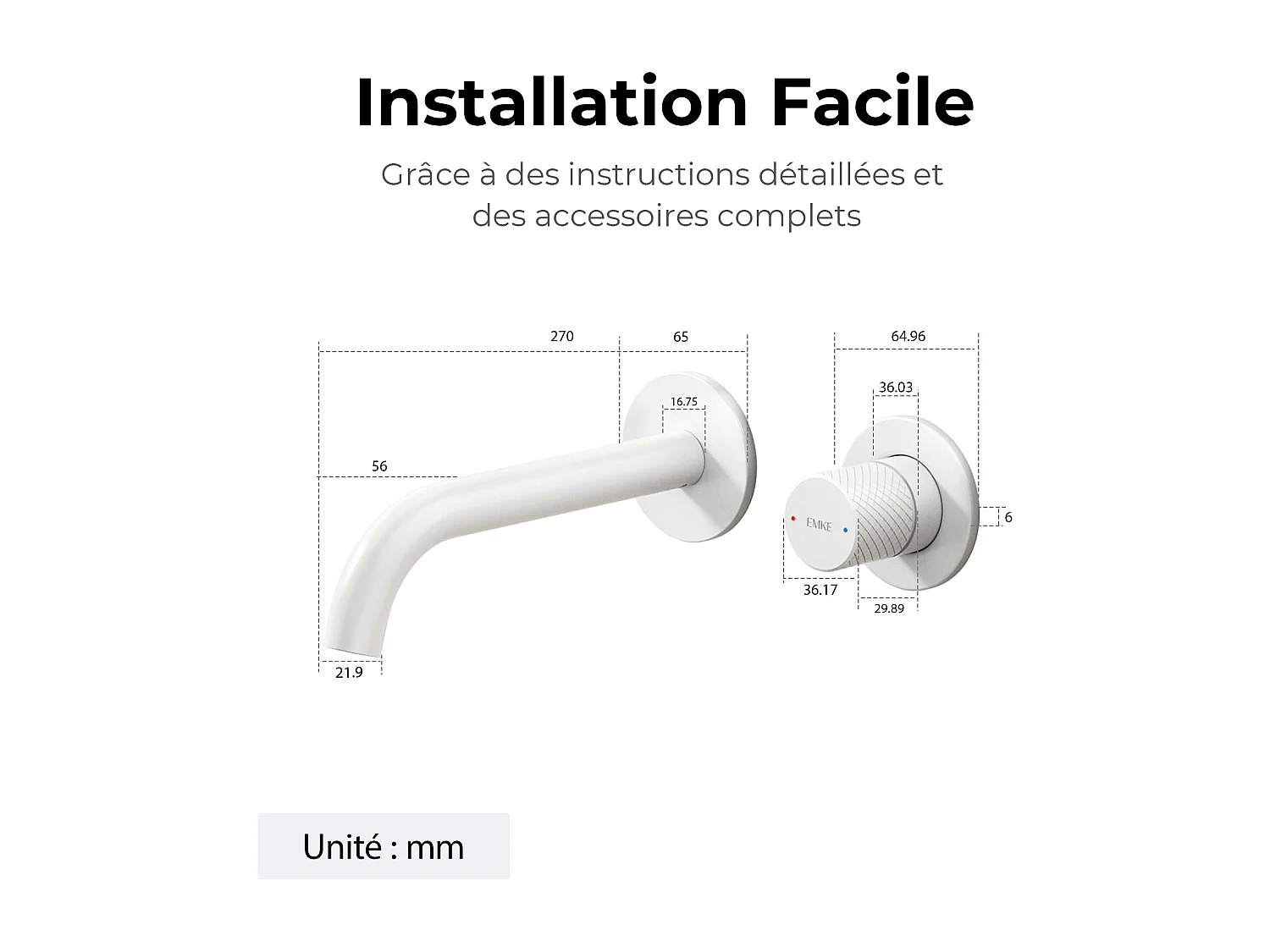 EMKE Mitigeur de lavabo mural encastrable bi-trou blanc mat laiton cartouche céramique L.18 cm