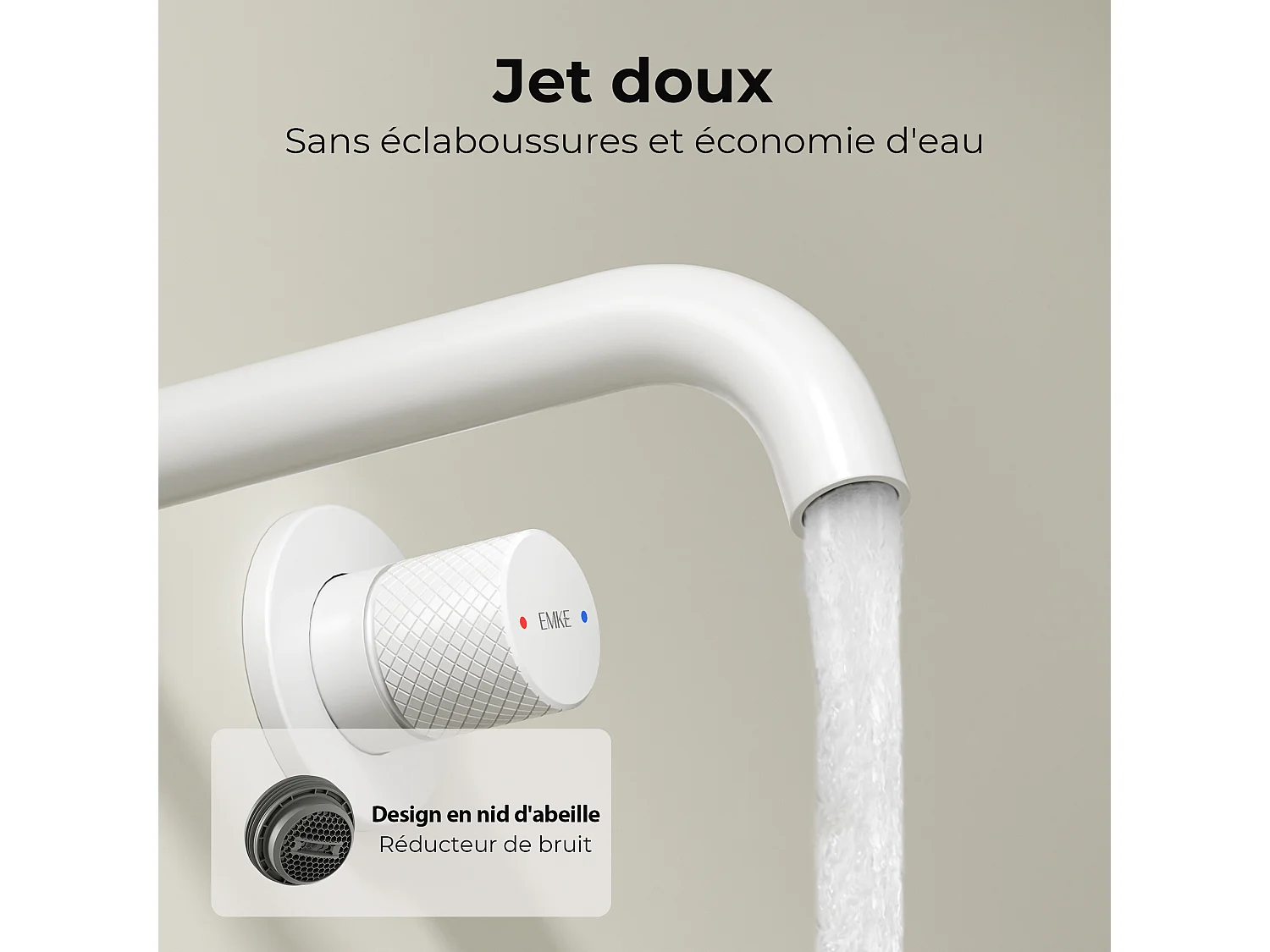 EMKE Mitigeur de lavabo mural encastrable bi-trou blanc mat laiton cartouche céramique L.18 cm