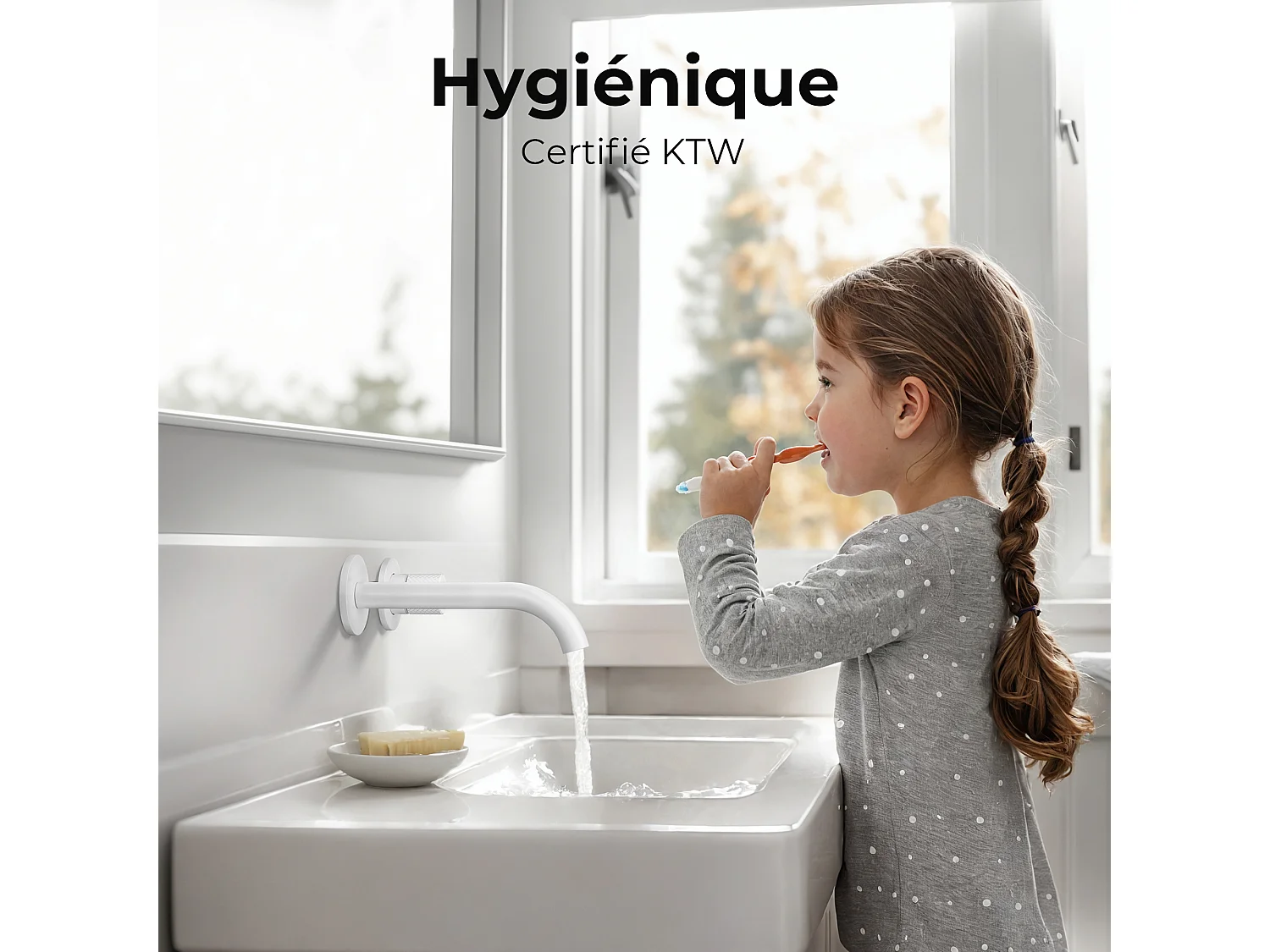 EMKE Mitigeur de lavabo mural encastrable bi-trou blanc mat laiton cartouche céramique L.18 cm